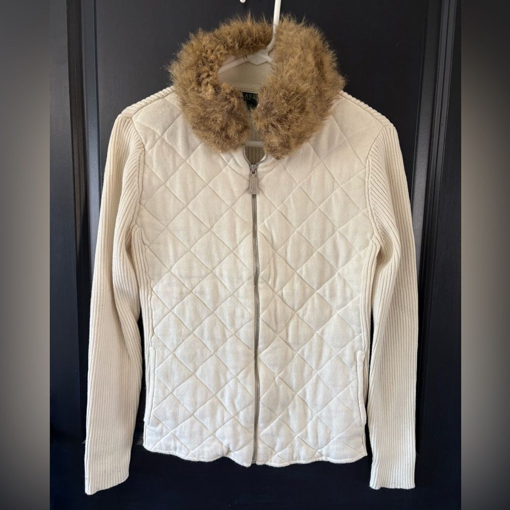 Lauren Ralph Lauren Cardigan Womens Cream Large Quilt Faux Fur Full Zip Sweater